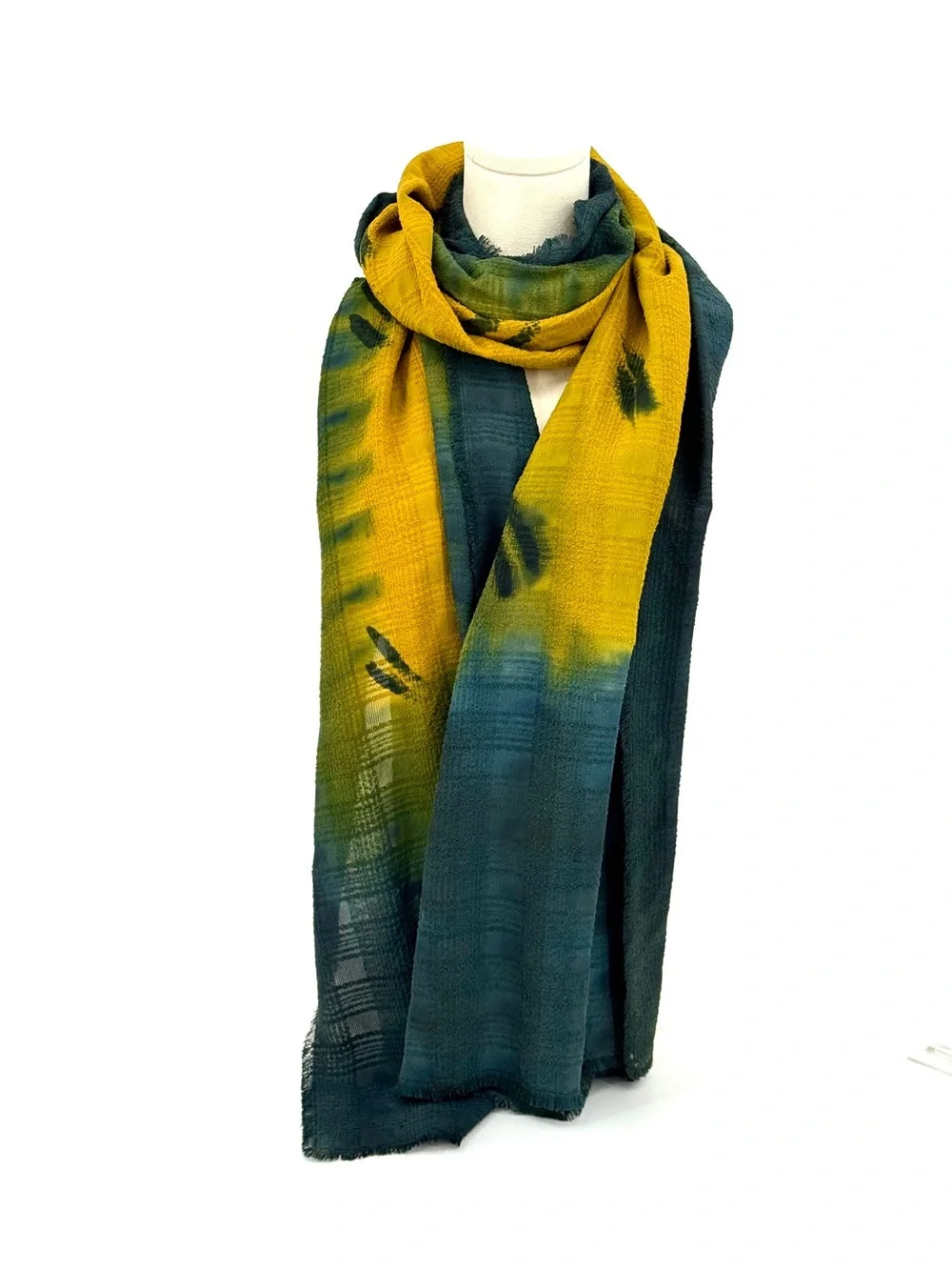 Vintage artisan crafted hand dyed raw silk shawl scarf green yellow